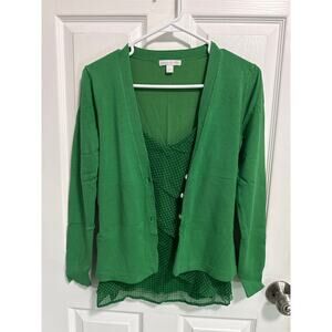 New York & Company Cardigan Tank Set XS Green Chiffon Tiered Twinset